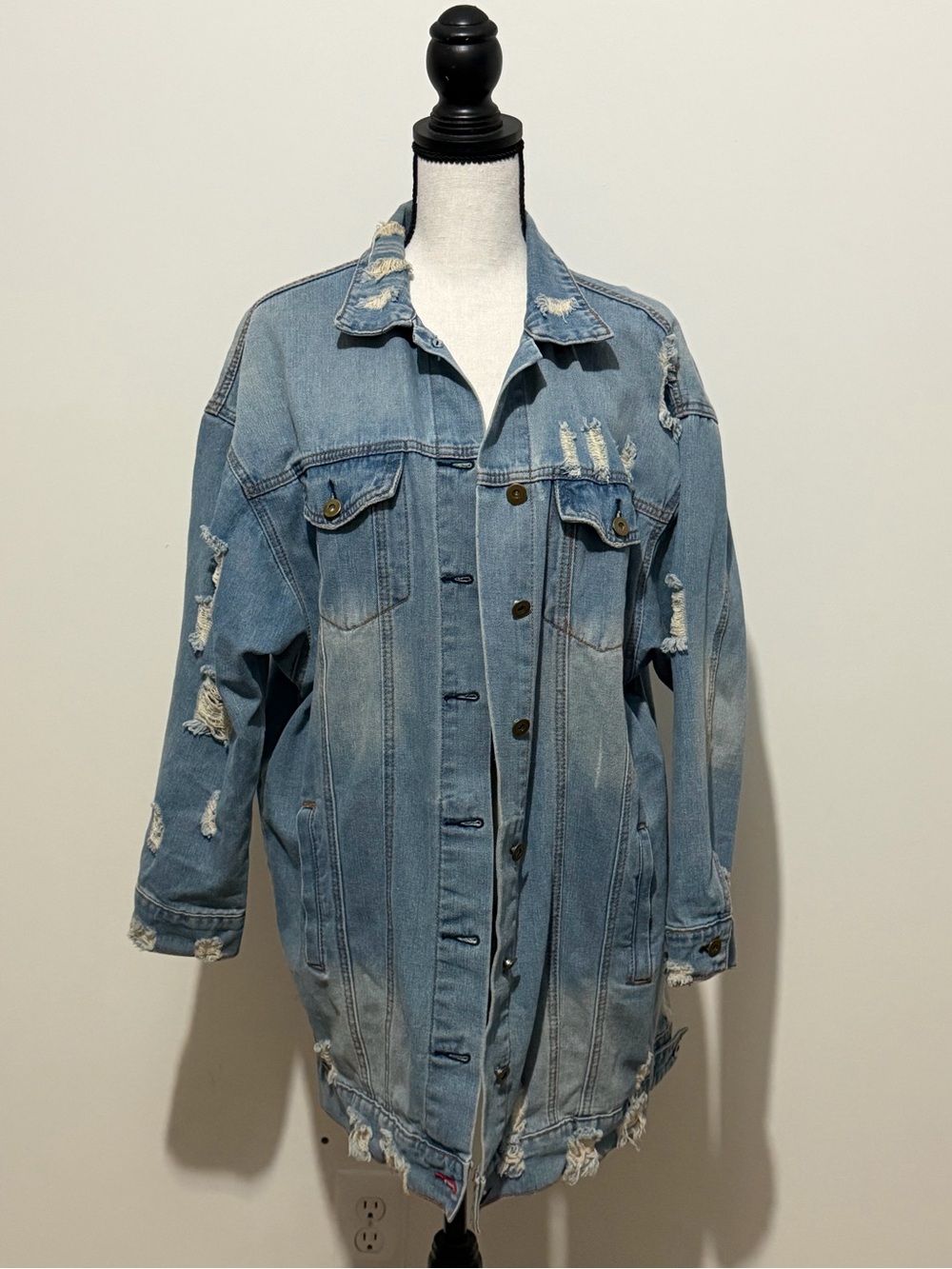 SHEIN Light Blue Distressed Oversized Denim Jacket